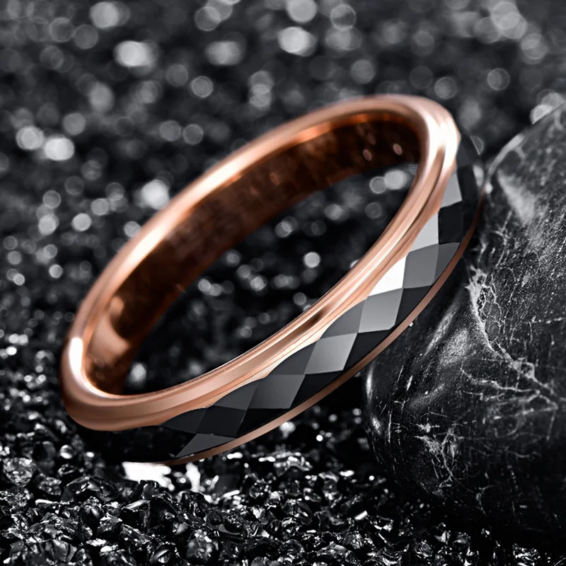 4mm Tungsten Carbide Ring Surface Polished Rhombus Shaped Batch Rose Gold Plating Side Step Wedding Ring