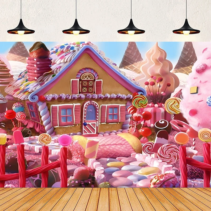 Fondo de fotografía cuento de hadas tierra de dulces paisaje fondo casa fantástica bastón piruleta magdalenas bebé niños fiesta de cumpleaños