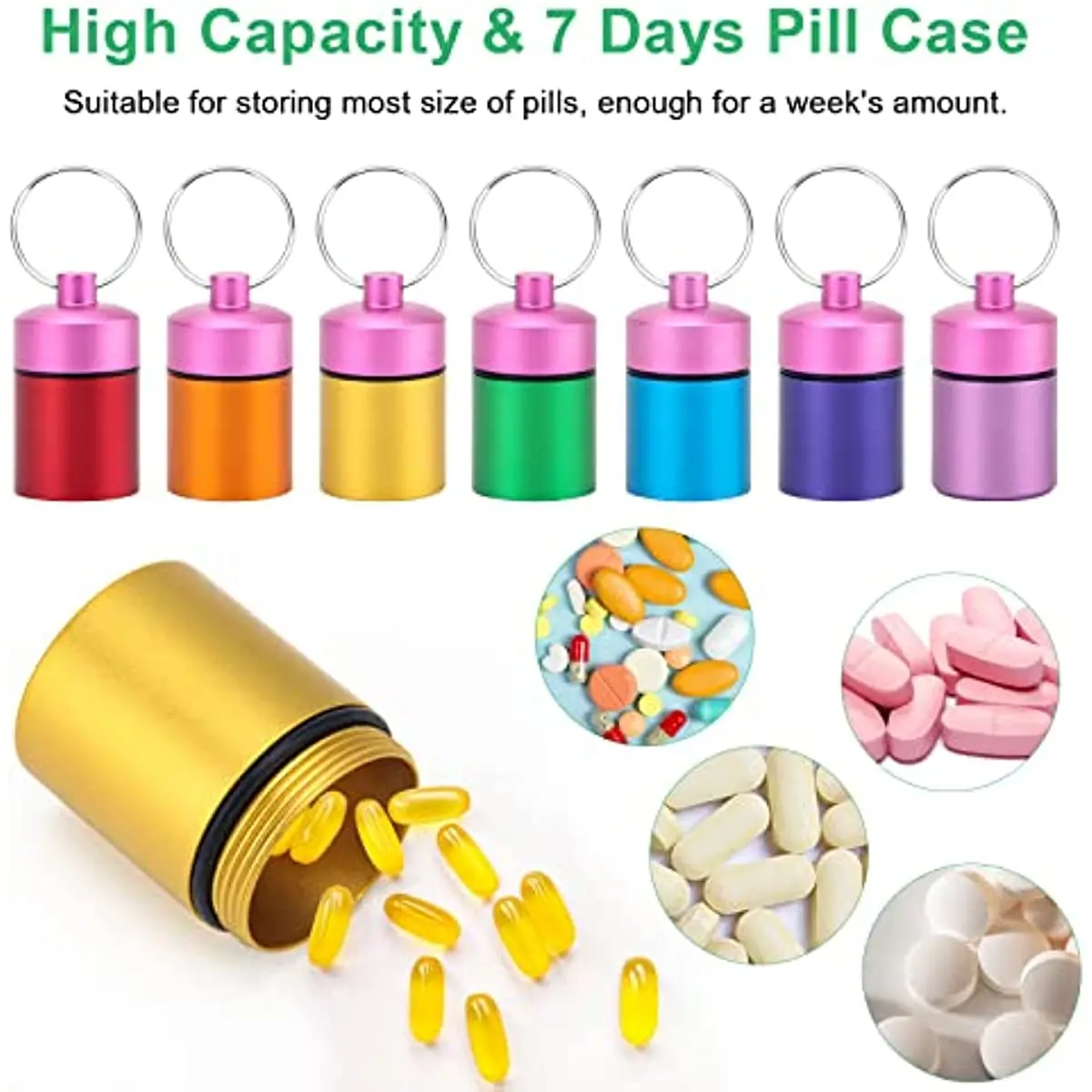 Small Portable Pill Case Keychain Waterproof Metal Pill Holder Tube with 7 Compartments Mini Pill Organizer Weekly Pocket Boxes