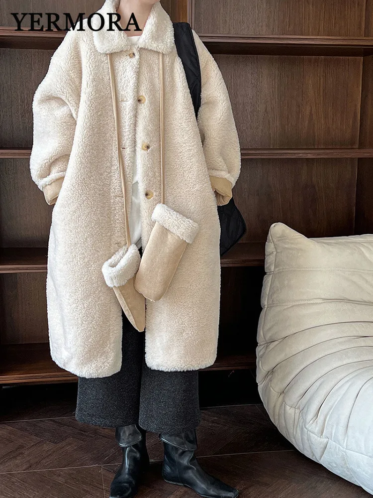 

YERMORA зимнее женское абрикосовое шерстяное пальто с искусственным мехом ягненка, свободное новое толстое пальто с лацканами и длинными рукавами, модное пальто, осень 2025 г.
