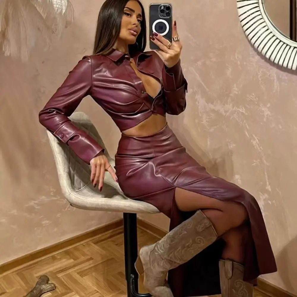 

High Waist PU Leather Top And Skirt Set Women's Faion Ensemble Long Sve Collar Button Closure Winter Collection