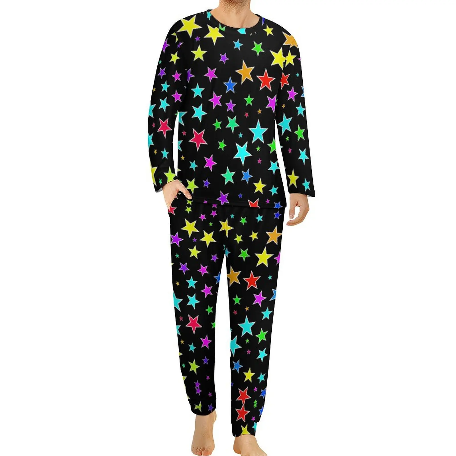 Colorful Stars Pajamas Spring Fun Star Print Bedroom Nightwear Mens 2 Piece Design Long Sleeve Kawaii Oversized Pajamas Set