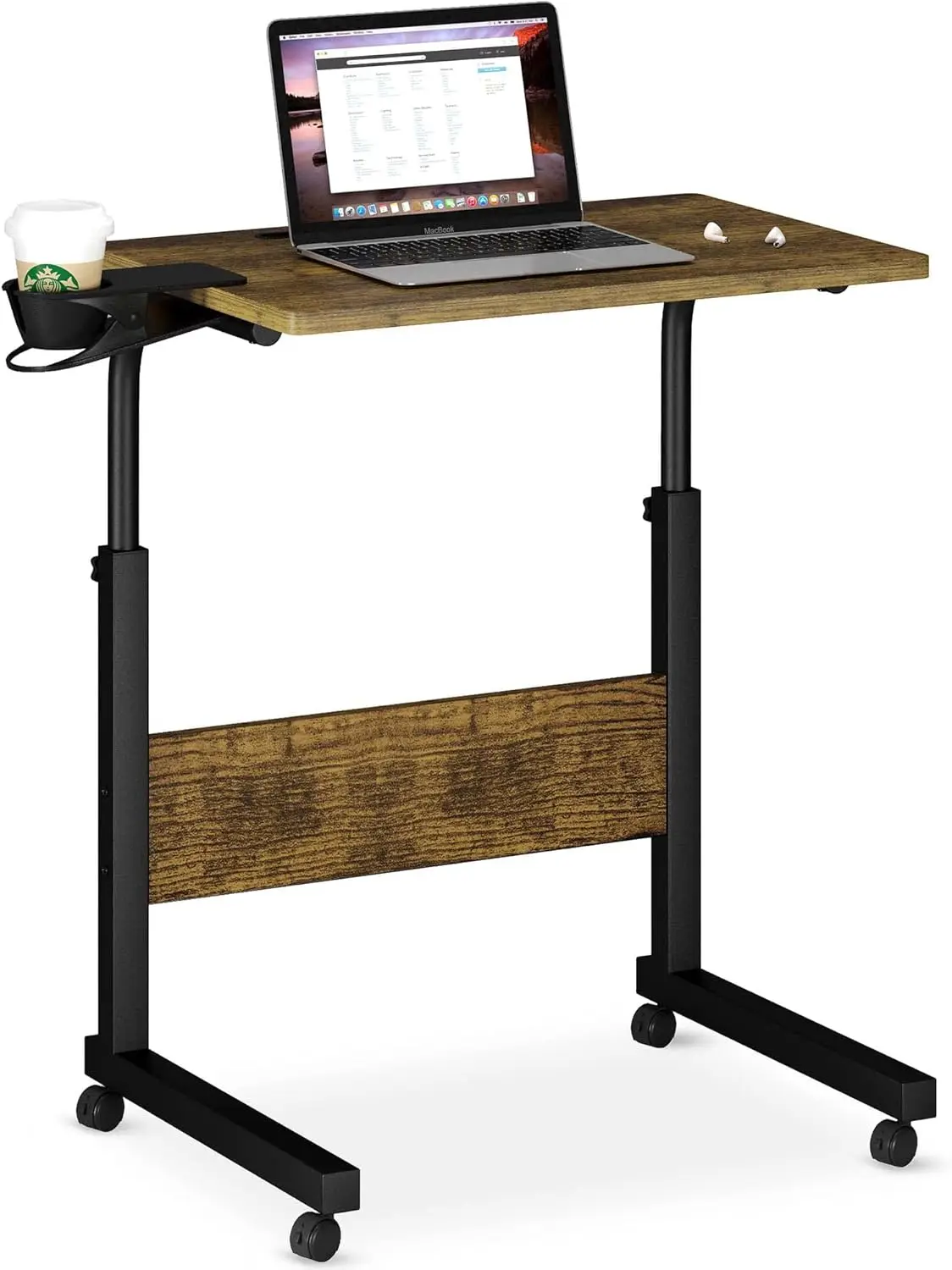

Height Adjustable Mobile Laptop Stand with Cup Holder, Ergonomic Rolling Desk on Wheels for Home Office, Walnut Finish