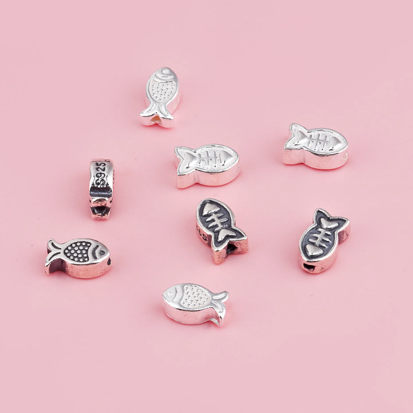 S925 sterling silver retro fishbone beads handmade DIY braided rope bracelet jewelry accessories
