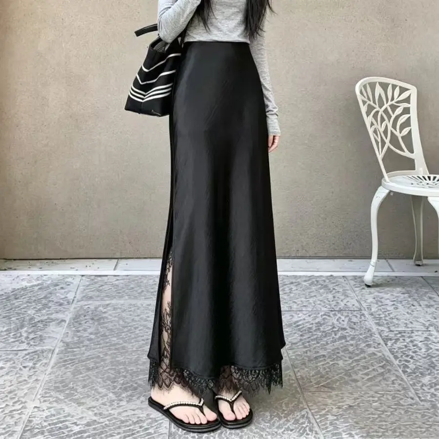 Acetate Satin Lace A-Line Half Skirt High Waist Fish Tail Gored Casual Commute Style Mid-Length Korean Version Skirt