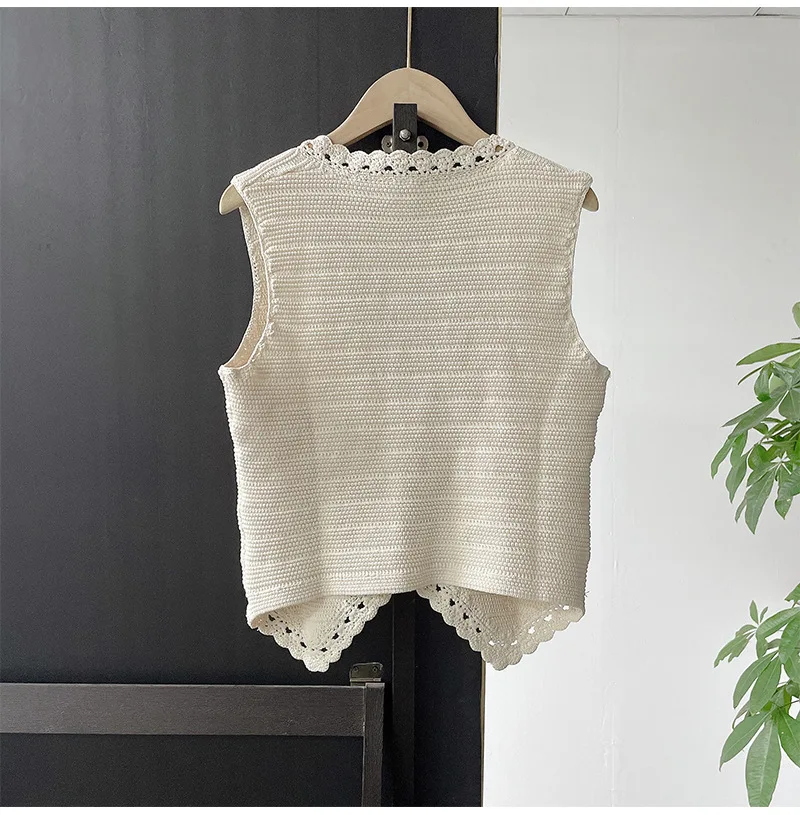 

Vest for women Hollow out vest U-neck lace lace lace sleeve woven beige vest for women's 2024 summer new French style