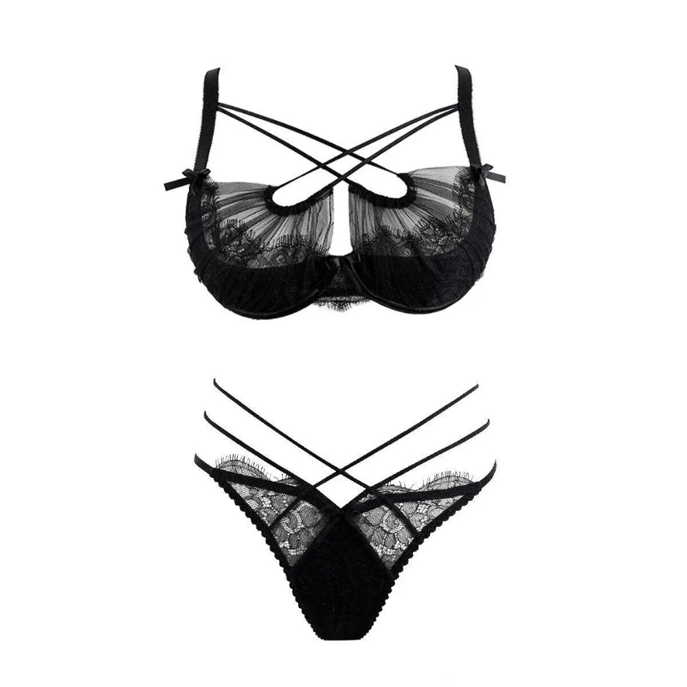 Fashion French Lace Embroidery Cross Bandage Lingerie Set Mesh Push Up Bra Panty Hollow Sexy Daily Underwear For Women 32-38AB