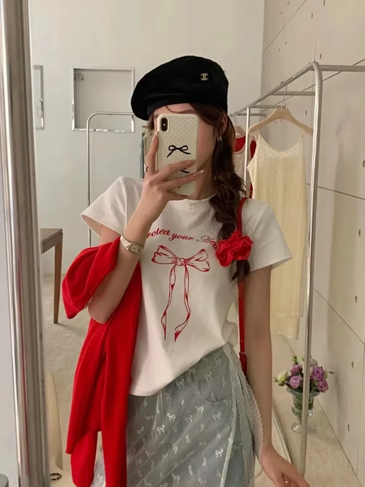 

Летний новый стиль: женская свободная повседневная футболка из чистого хлопка в корейском стиле с бантом — топ с круглым вырезом и принтом, с коротким рукавом — рубашка Y2KT