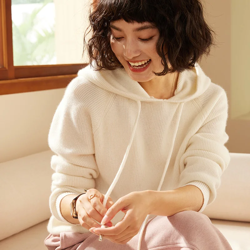 

Women's 100% cashmere sweater winter new style hooded collar thickened pullover tops casual solid warm Jumper base loose Blouse
