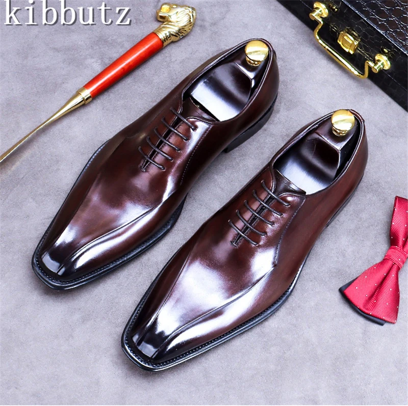 

Luxury Genuine Leather Men Oxford Derby Shoes Square Toe Lace Up Flat Shoes Business Wedding Banquet Formal Shoes