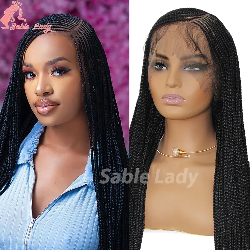 

36" Full Lace Front Box Braided Synthetic Wigs Knotless Cornrow Braids Black Side Part Lace Frontal Wig With Baby Hair For Women