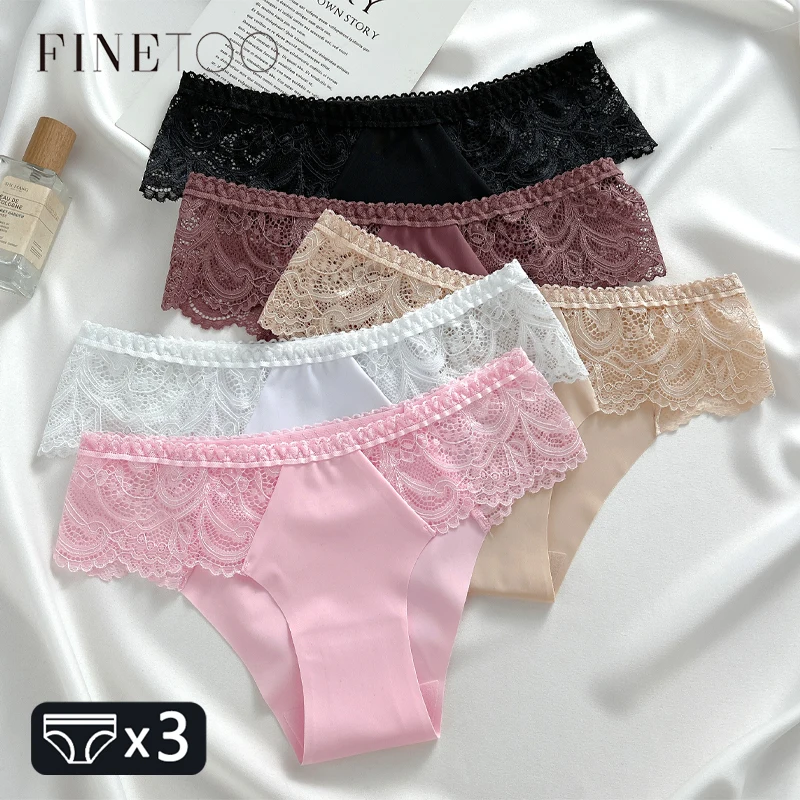 FINETOO 3Pcs Seamless Women Comfort Underwear Sexy Lace Hollow Out Briefs Girls Low Rise Sport Panty Soft Breathable Lingerie