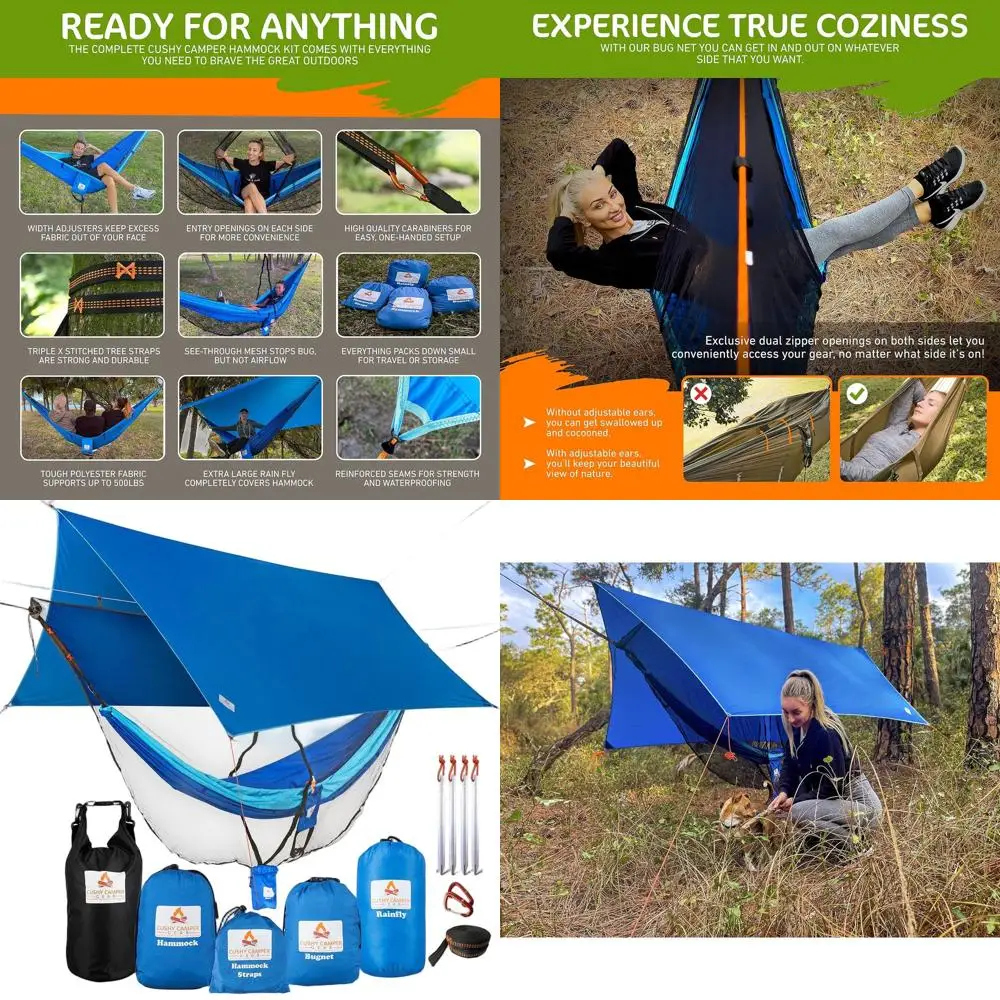 

All-Weather Camping Hammock Kit with Rain Cover, Bug Net, Straps, and Dry Sack