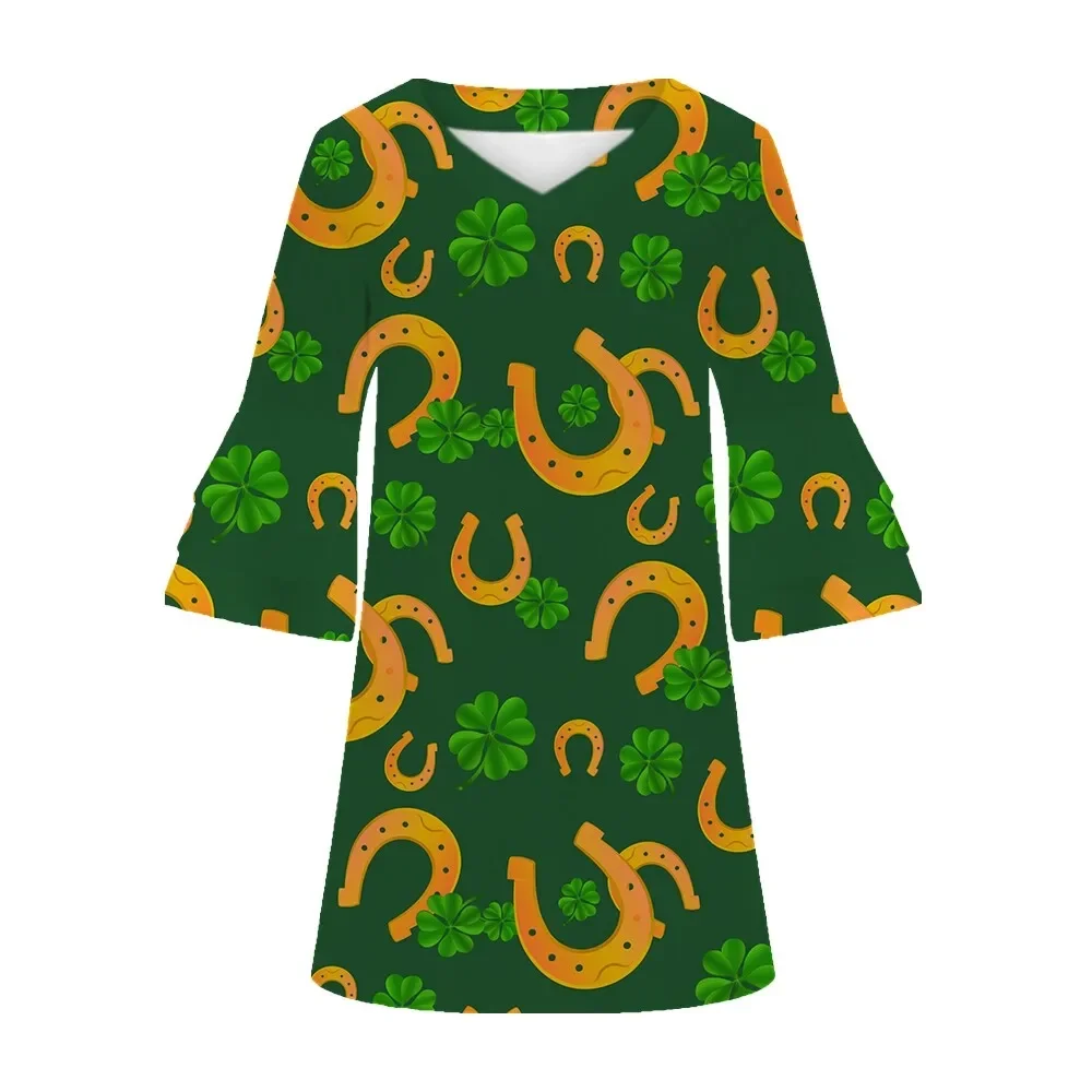 Jumeast Horse Women's Casual V-Neck Dress with Flared Sleeves Four Leaf Clover Pattern Elegant Skirt for St. Patrick's Day