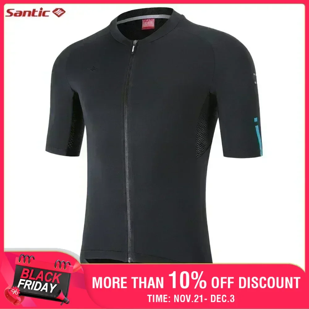 Santic Men's Cycling Short Sleeve Full Zipper Jersey MTB Bike Shirts Quick Dry Breathable Mesh Road Bicycle Clothing Asian Size