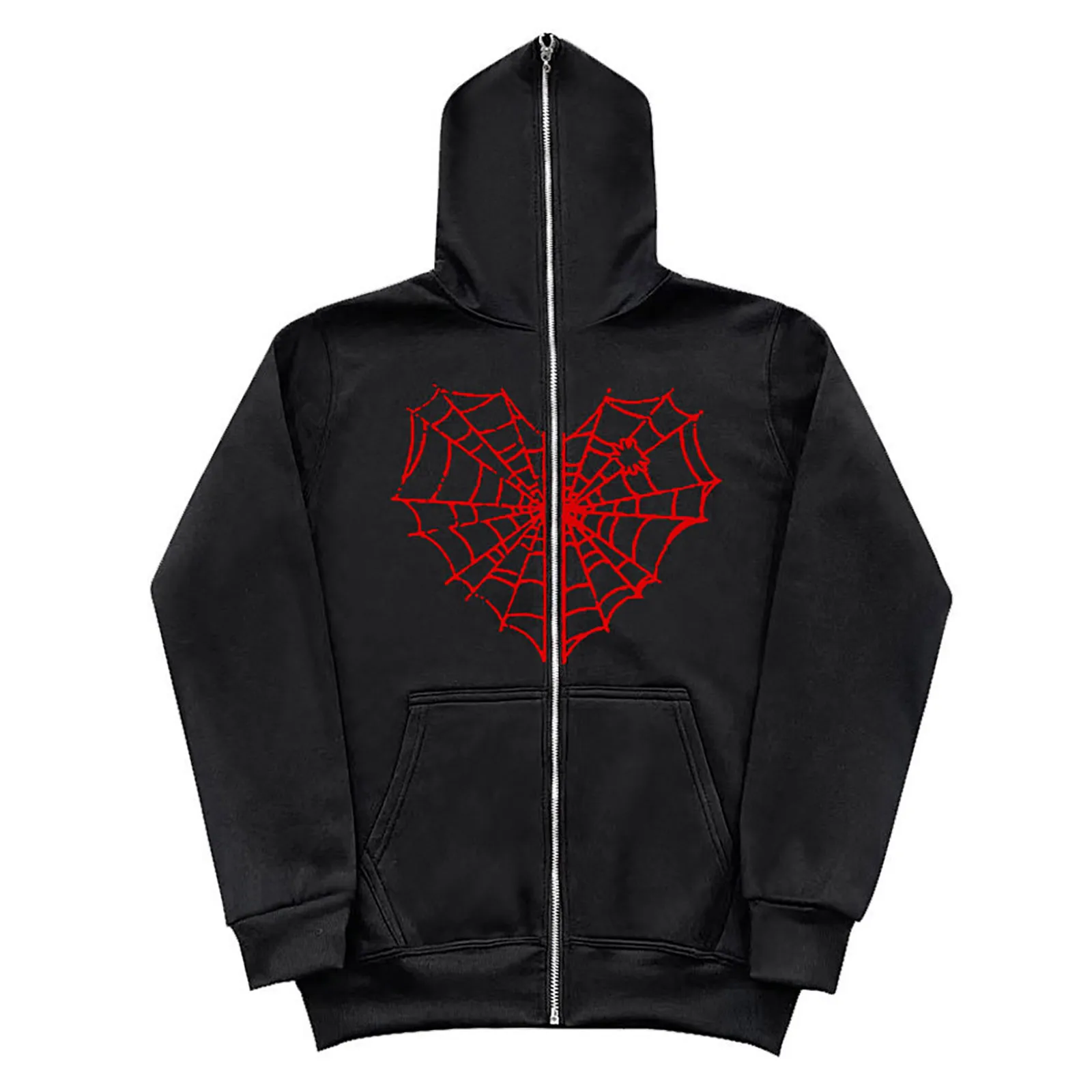 Male And Female Couple Dark Fashion Heart Shape Net Print Solid Color Long Sleeve Sport Hooded Full Zip Hoodie Loose Sweatshirt