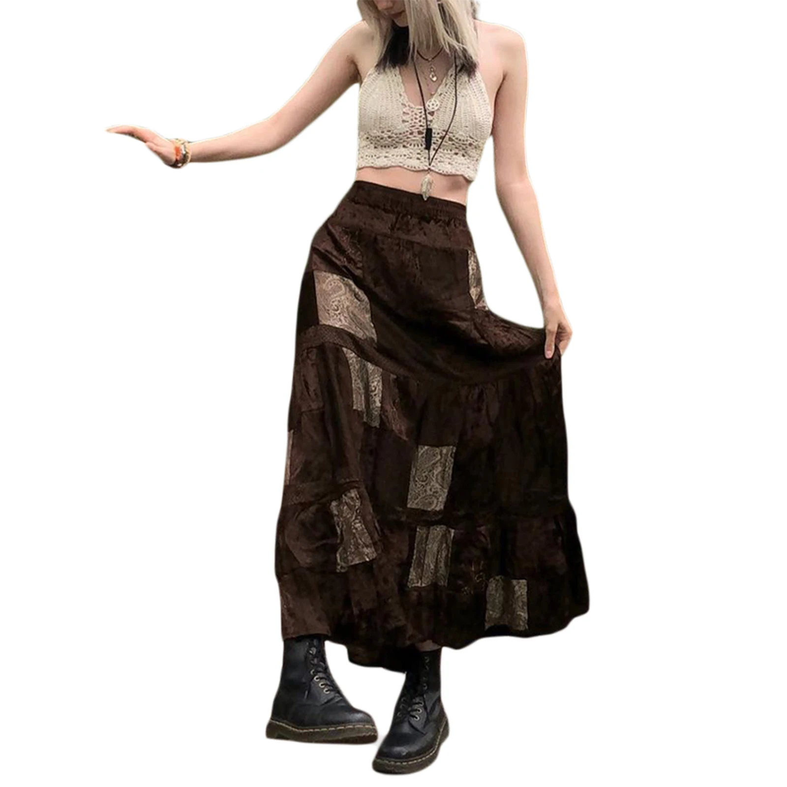 y2k Women Long Patchwork Skirt Brown Adults Vintage Elegant Flower Print Pleated Skirt