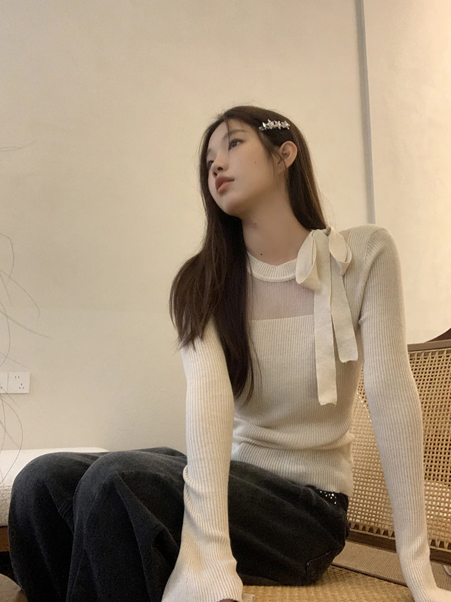 

Spring 2026 Women's Knitted Sweater Inner Wear Knot High-End Feeling Straight Tube Long Sve Color Crew Ne