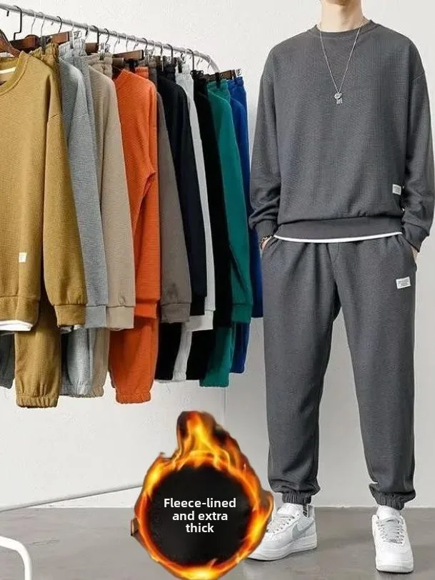 

Thiened Fce Повседневный комплект спортивной одежды для мужчин Осень-зима Длинный свитшот и брюки све большого размера Удобная уличная одежда...