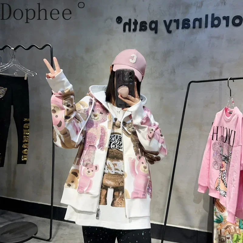 

High Quality Spring Autumn Zip Cardigans Hooded Sweatshirt Luxury Hot Drilling Cute Bear Printed Streetwear Casual Jacket Coat