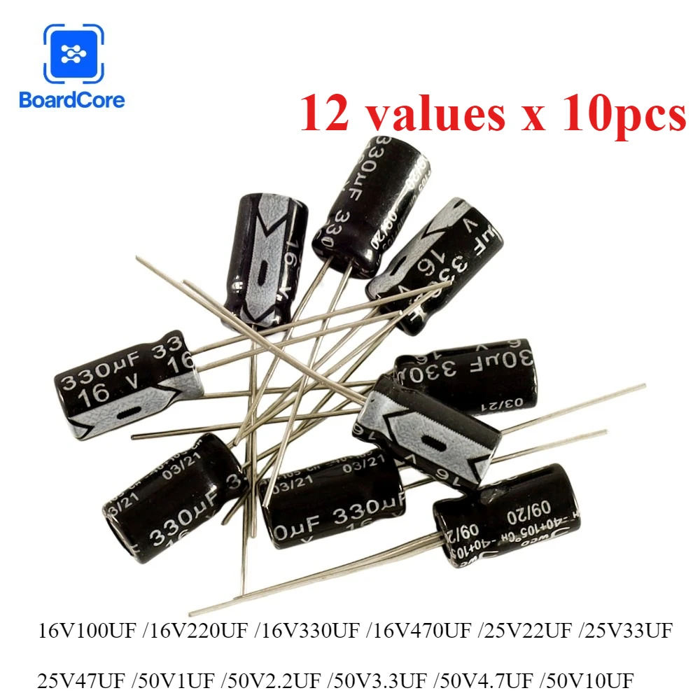 Kit de condensateurs électrolytiques en aluminium, 120 pièces, 1μF à 470μF, composants électroniques à tension assortie 16V, 25V, 50V