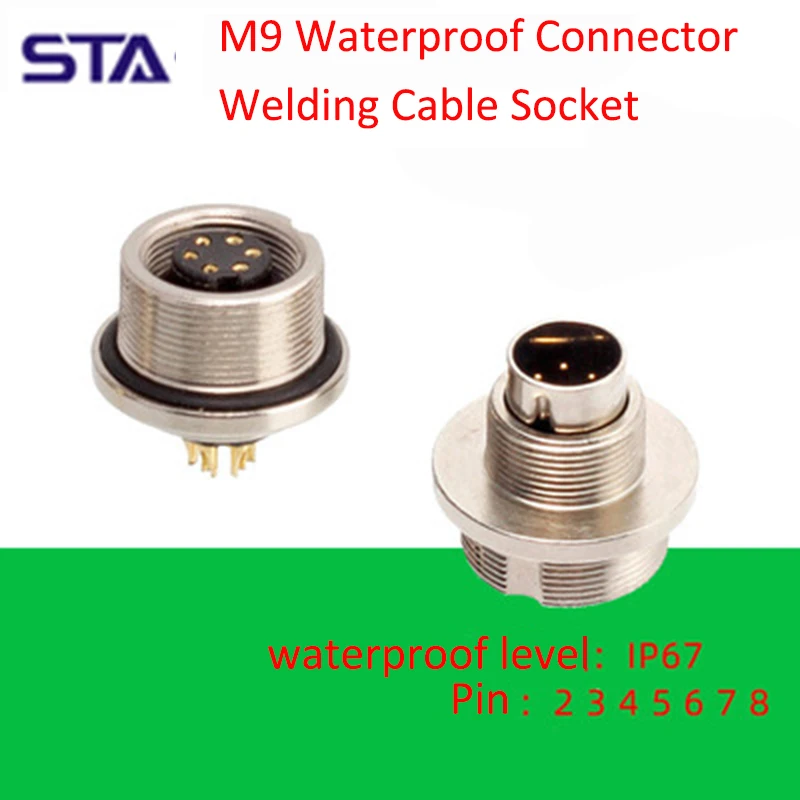 M9 Waterproof IP67 Aerospace  Metal Male Socket And Female Socket  2 3 4 5 6 7 8 Pin Welding Cable Connector Hole Size 12.0mm