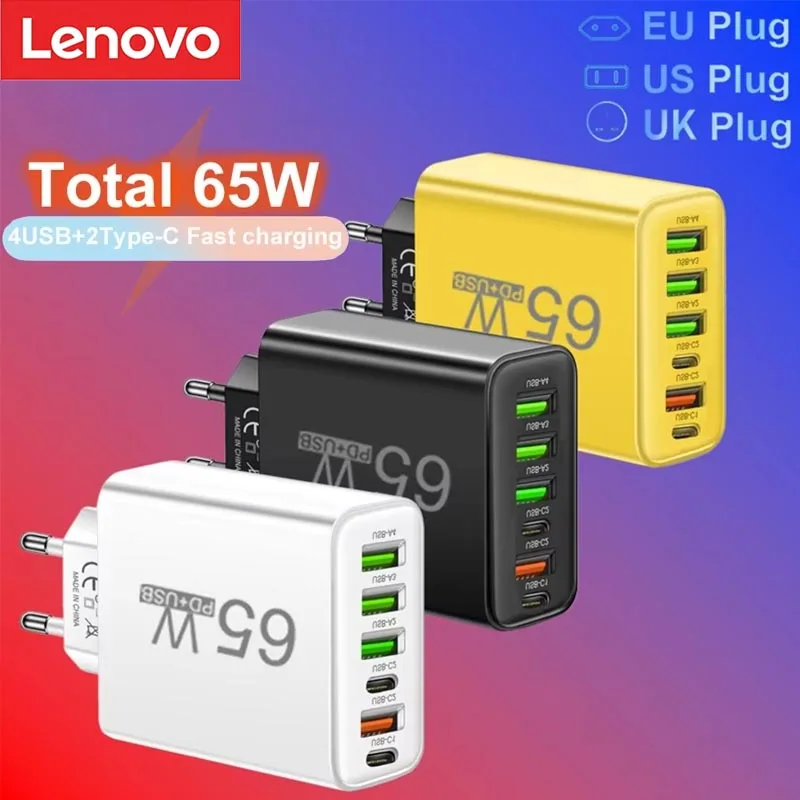 Lenovo 65W Fast Charger Multi Interface Mobile Phone Charger 2type-C PD+4usb Travel Charger 3.1ACharging Head For iPhone Samsung