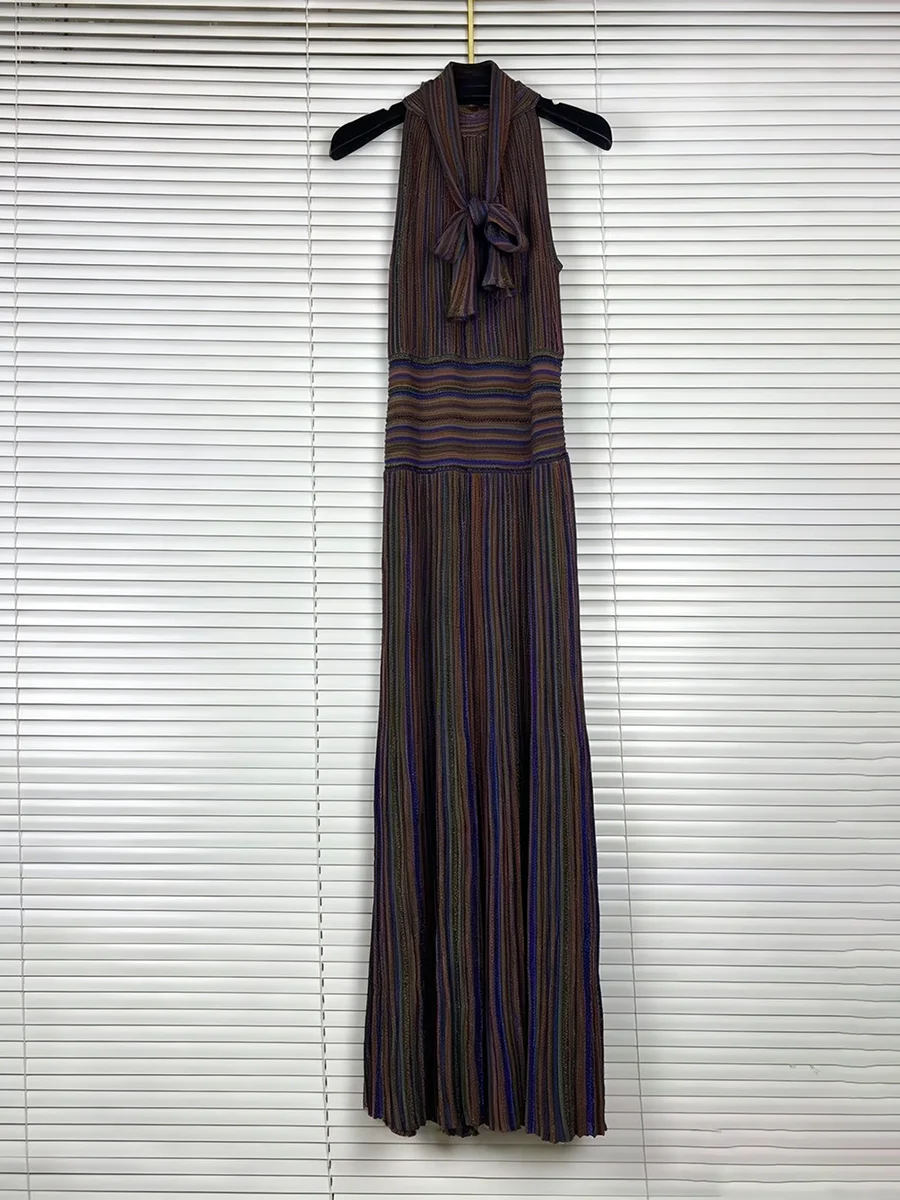 GALCAUR Colorblock Slimming Spliced Stripe Dress for Women Round Neck Sleeveless Patchwork Zipper Midi Dresses Female Fashion