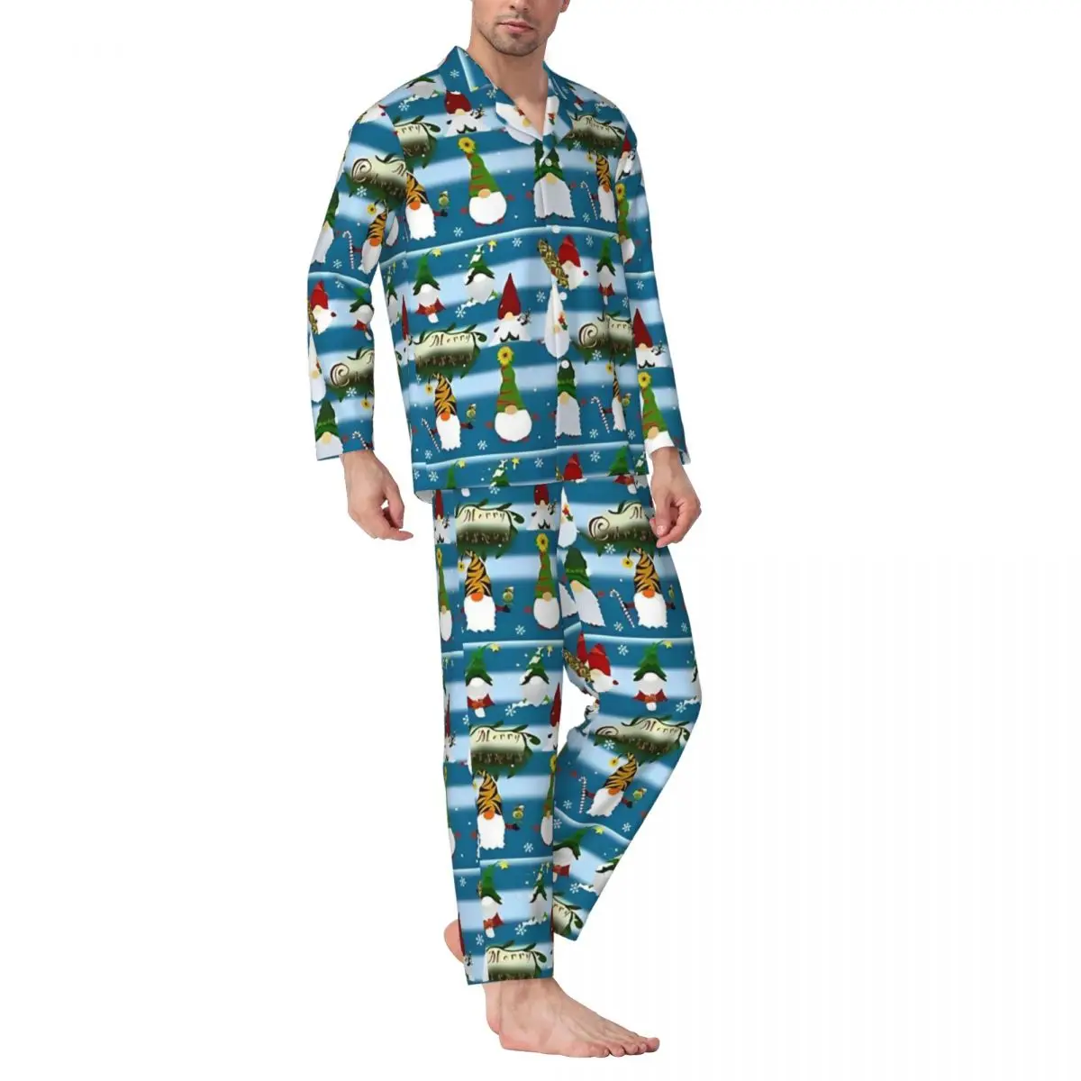 Pyjama Man Vrolijk Kerstfeest Kerstman Leuke Gnome Dagelijkse Nachtkleding 2-delige Casual Pyjama Set Lange Mouw Zacht Oversize Thuispak