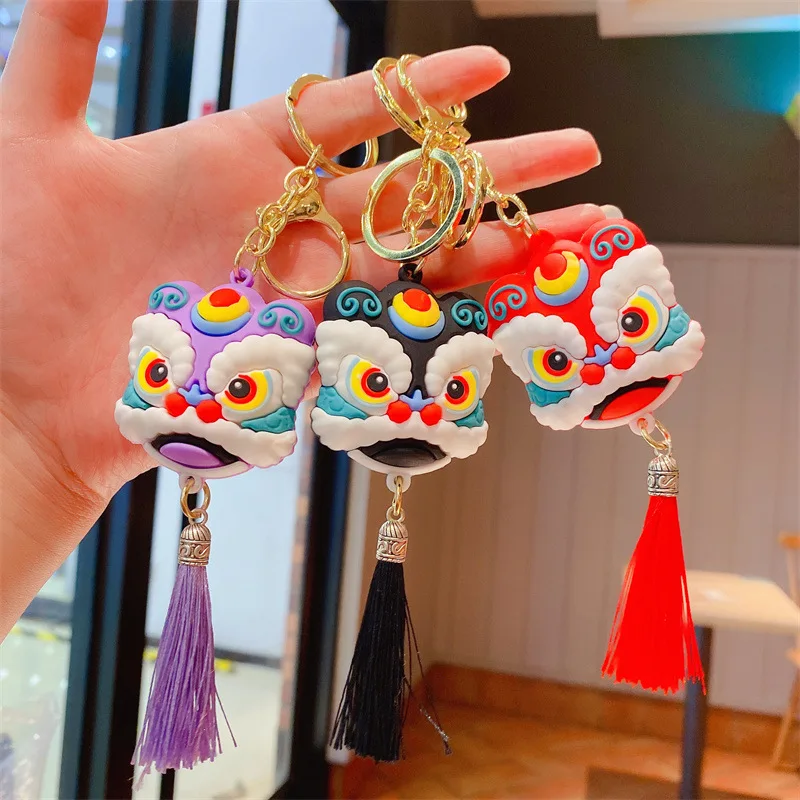 Creative Silicone Lion Dance Keychains Pendant Simple Chinese Style Lion Dance Tassel Key Chain Party Gift Key Ring