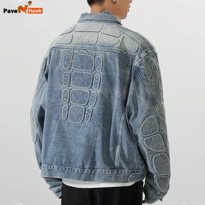 

Retro Denim Jacket Men Convex Turtle Shell Pattern Hip Hop Bomber Jackets High Street Loose American Style Ripped Cowboy Coats