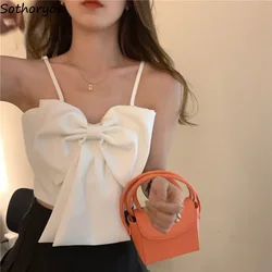 Bow Camisoles Women Pure Summer Knitted Crop Tops Korean Style Fashion Holiday Sweet Mujer Tender Sexy Basic Sleeveless Clothes