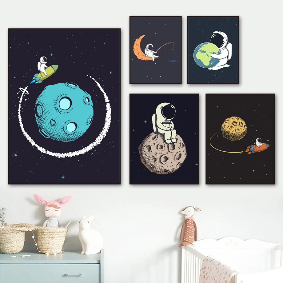 Astronaut Space Fishing Cycling Selfie Nursery Wall Art Print Canvas Painting Nordic Poster Wall Pictures Baby Kids Room Decor