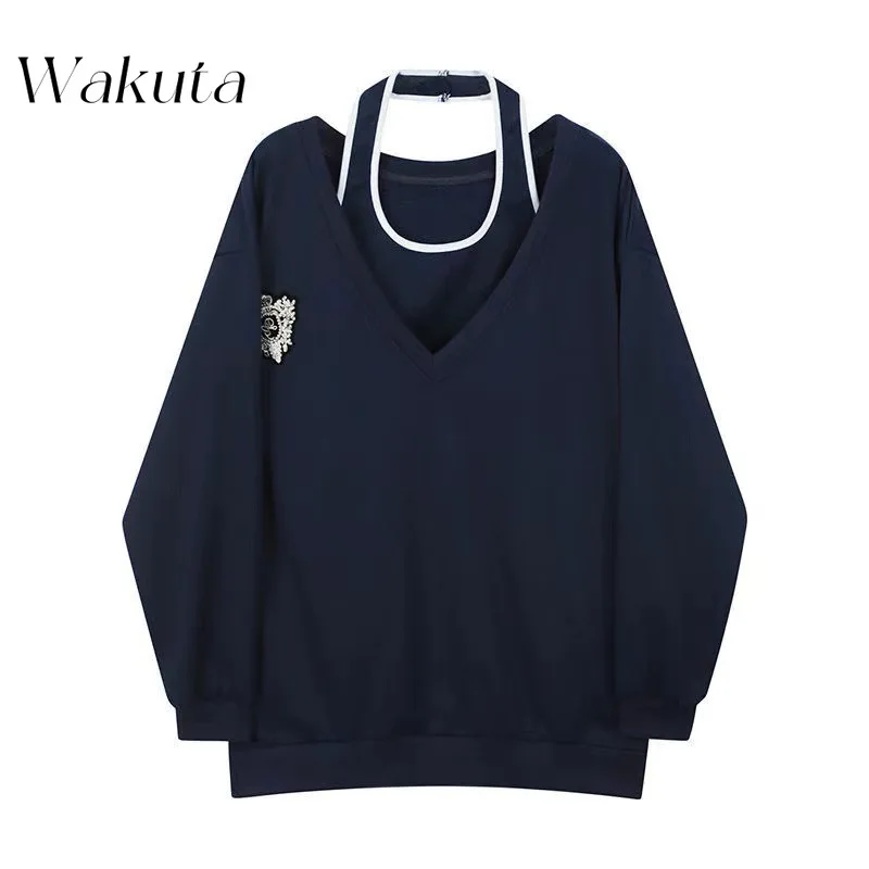 WAKUTA Casual Sports Hanging Neck Strapless Splicing Pullovers Niche Design Loose Sweaters Inside Suspenders Ins Spring/fall Set