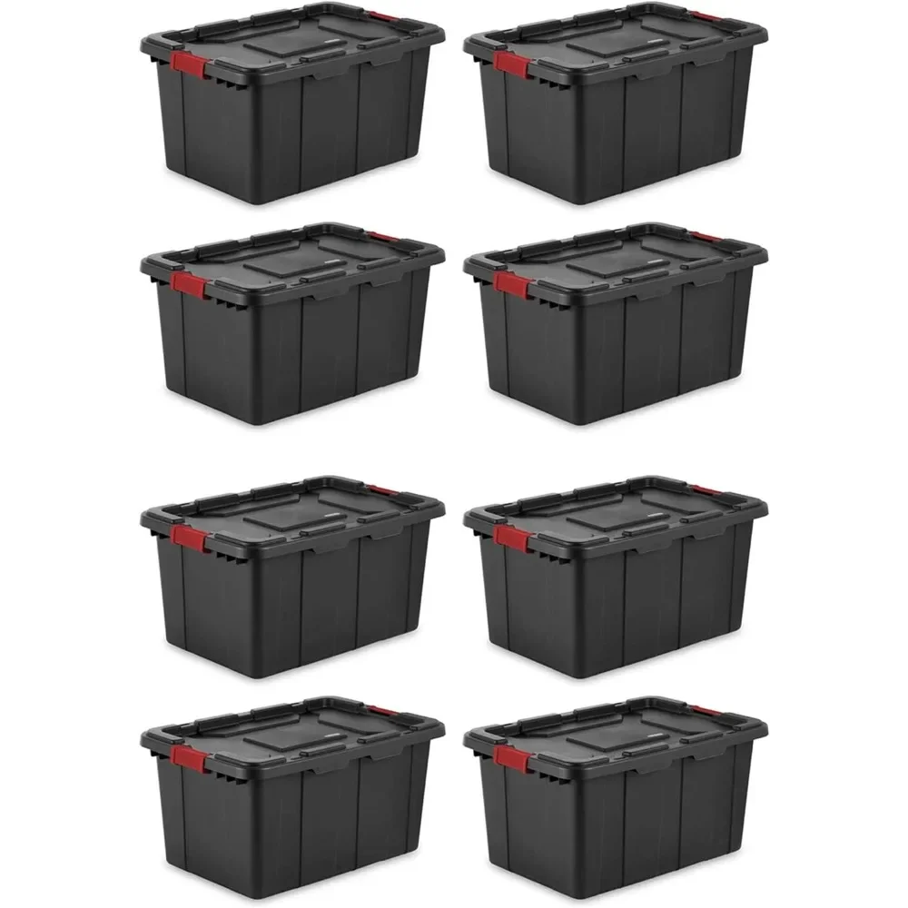 

27 Gal Industrial Tote,Stackable Storage Bin with Latching Lid,Plastic Container Heavy Duty Latches,Black Base and Lid,8-Pack