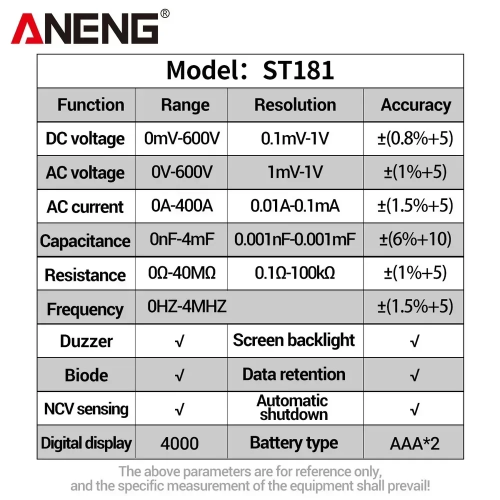 Medidor de pinza Digital aneng ST181 corriente CA 4000 recuentos multímetro amperímetro probador de voltaje amplificador de coche Hz capacitancia NCV Ohm probador