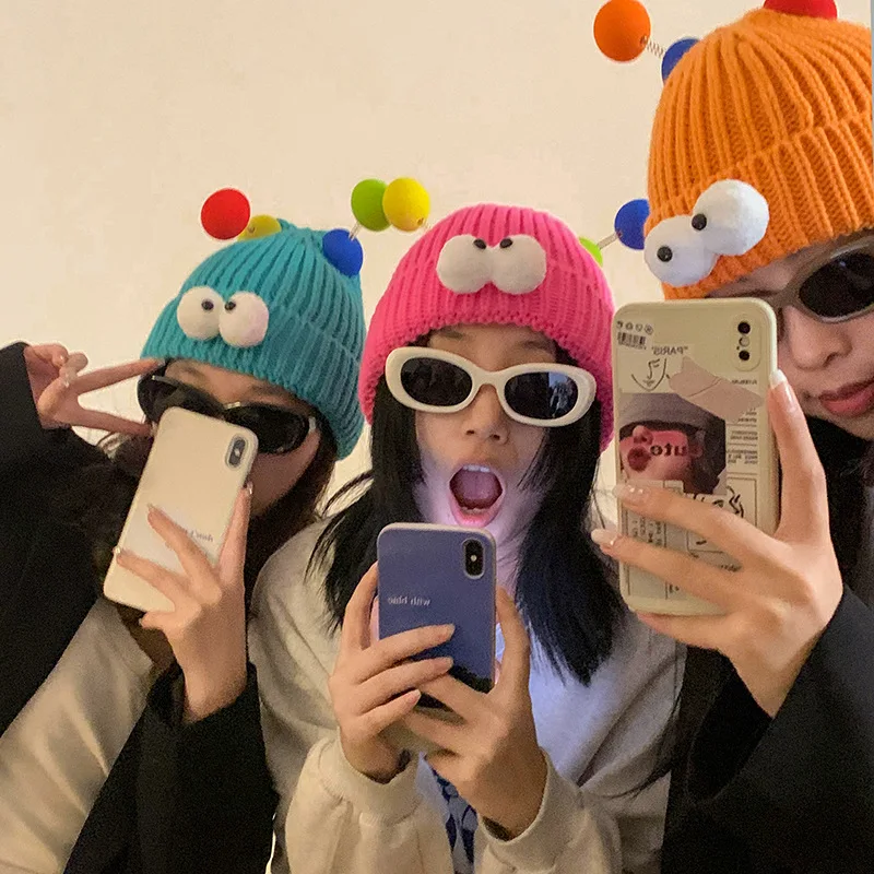 New Cute Cartoon Big Eyes Beanies Caps Women Korean Funny Couple Knitted Hat Y2k Fashion Winter Warm Cold Cap For Party