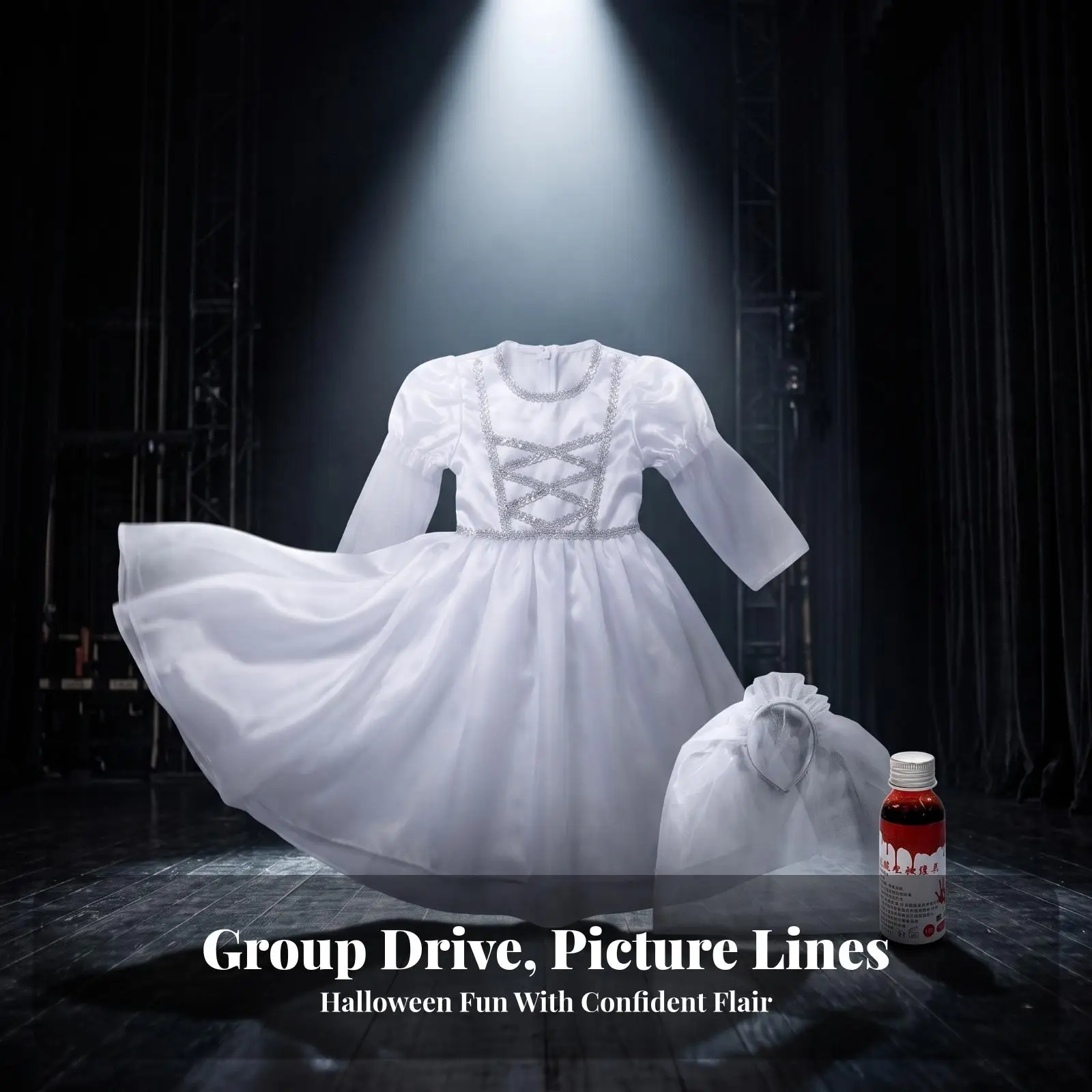 White Children Cosplay Dress with Long Sleeves for Halloween Costume and Eerie Themed Photo Session Outfit