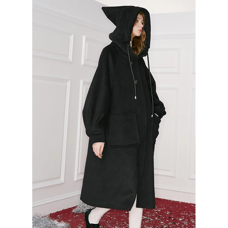 ELFSACK Women's Gothic Long Wool Coat with Witch‑Style Pointed Hood, Button Front Puff Sleeve Overcoat for Daily Wear