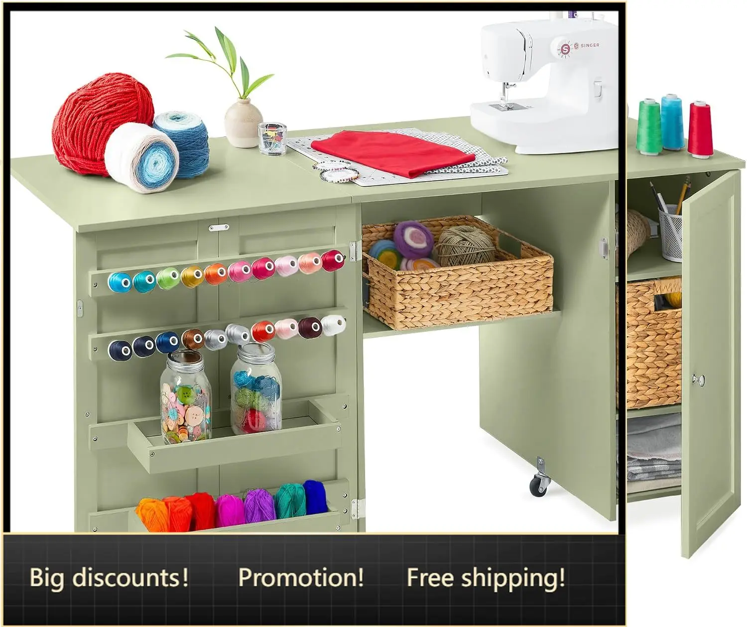 Large Folding Sewing Table, Multipurpose Portable Craft Station & Side Desk w/Compact Design, Caster Wheels, Storage Shelves