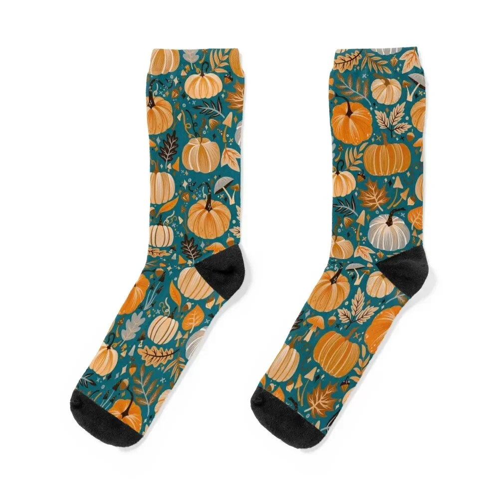 

Pumpkin Confetti – Orange on Teal Socks hiphop snow floral cotton Boy Socks Women's