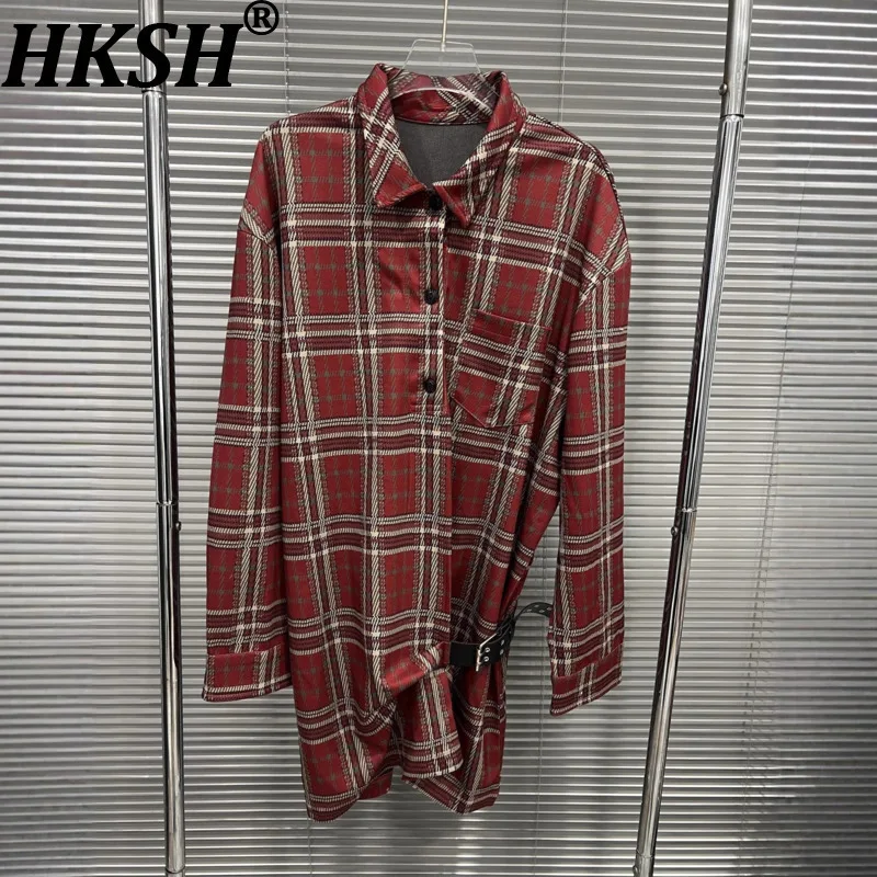 HKSH Spring Autumn New Women Shirt Dress Plaid Single Breasted Belt Waist Long Sleeves American Retro Chic Short Dresses HK16656