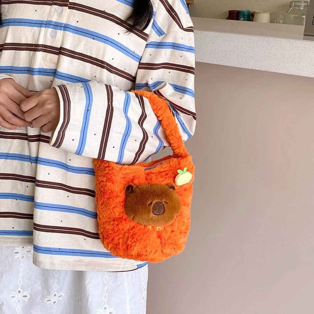 

Candy Pouch Plush Capybara Bucket Bag Embroidered Portable Furry Handbag Yellow Purple Cartoon Storage Bag School