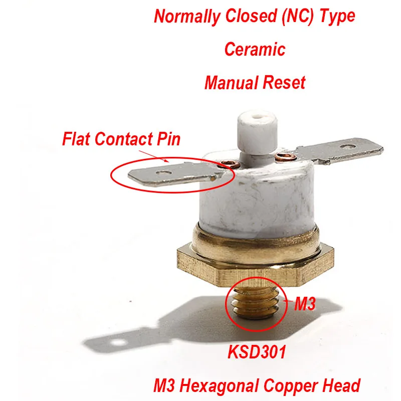 10PCS KSD301 M3 Hexagonal Copper Head NC Type Ceramic Duplex Metal Flat Contact Pin Thermal Protector Switch Manual Reset