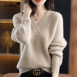 Autumn Winter New Solid Color Sweater Woman V-Neck Pullover Casual Knitted Tops Female Clothing Bottoming Basic Sweater Jumpers