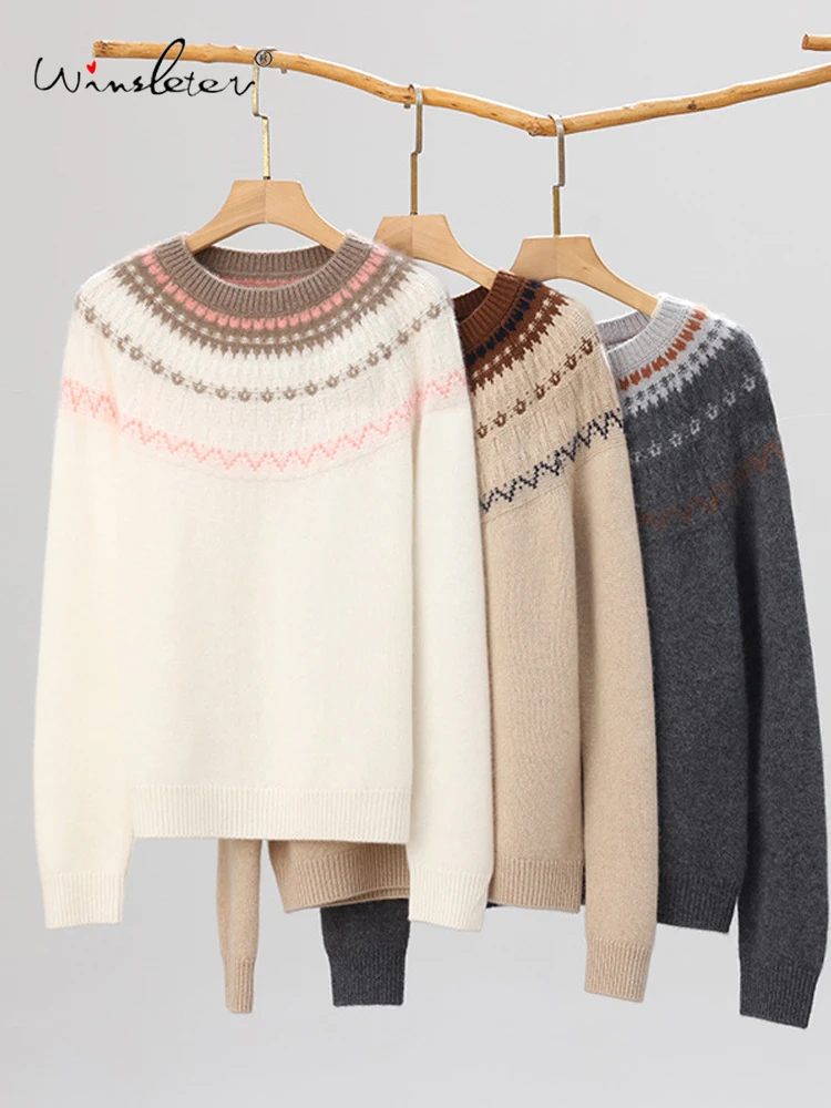 

Winsleter-100%Cashmere Elegant Sweater, O Neck Jacquard, Women Retro Lazy Loose Knit Fair Isle Sweater, 2025 Winter New T5N514CC