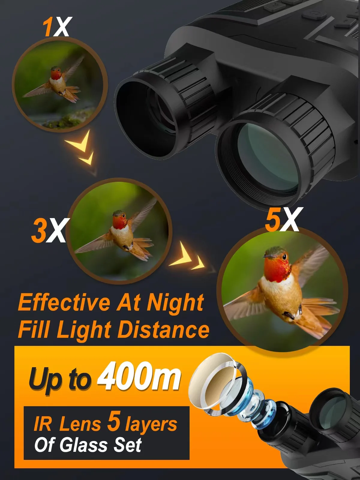 Binocular Digital de visión nocturna, dispositivo con pantalla de 3 ", aumento óptico 5X, 1080P/30fps, 400M