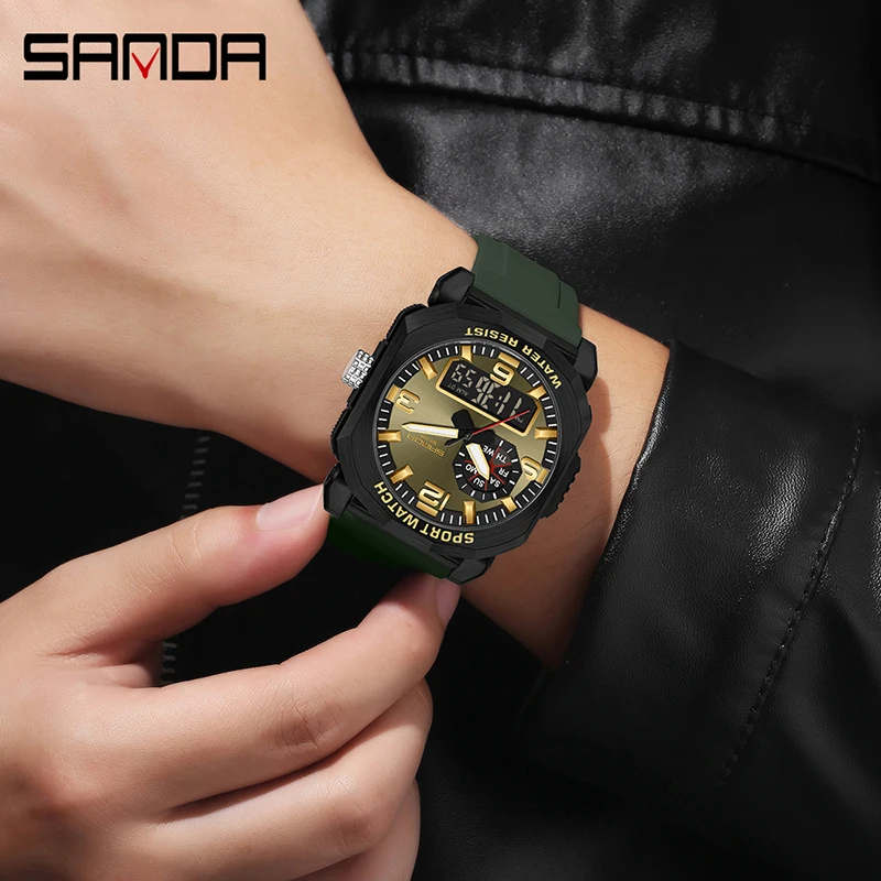 SANDA 3370 Men\'s Electronic Watch Multifunctional Fashion Trends Outdoors Dual Display Silicone Strap Wristwatch for Teenagers