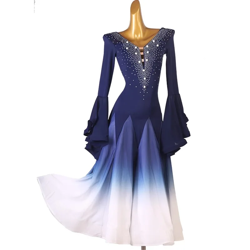 New Gradient Color Professional Moden Dance Dress Women\'s Standard Ballroom Customize Size Clothes Practice Wear Long Skirt Prom