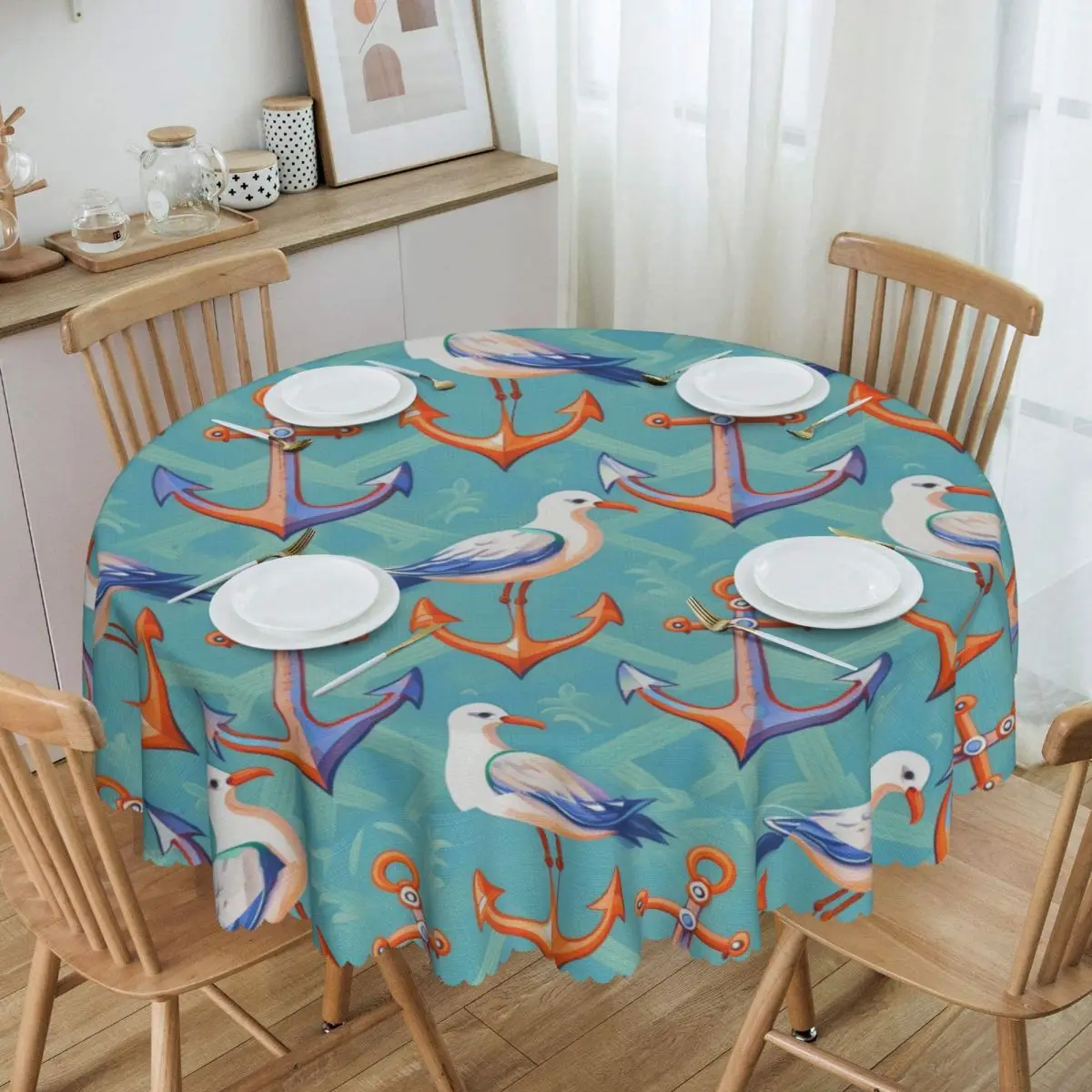 Custom Round Oilproof Nautical Sailors Table Cover Tablecloth for Picnic 60 inches Table Cloth